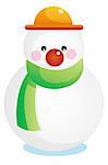 Building a snowman with red hat and green scarf on a cold wintry day