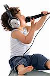 Sing baby with headphone and microphone,isolated on a white background.