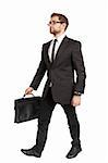 Business man in a suit and sunglasses comes with a briefcase. isolated over white