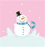 Cute snowman in christmas snowy nature. Vector cartoon illustration.
