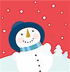 Cute snowman on red background. Vector cartoon illustration.