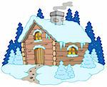 Wooden cottage in winter landscape - vector illustration.