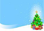 Vector background of Decorated Christmas tree and gifts