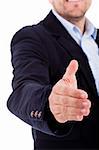 Business man welcomes you with open hand on a white background