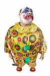 A nasty evil clown holding an axe, angry and looking mean. Fisheye lens with focus on the face.