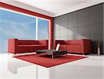 two red modern sofa in a contemporary lounge - rendering-the image on background is a my photo