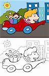 Cartoon image of a mobile mom driving kids around town - color and black/white versions.