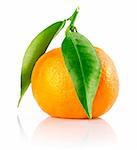 fresh tangerine fruit with green leaves isolated on white background