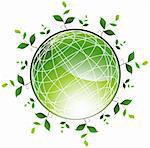 3D globe icon with multiple plant life surrounding green earth.