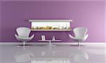 purple lounge with narrow horizontal window - rendering- the image on back ground is a my photo