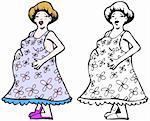 Cartoon image of a pregnant lady - color and black/white versions.