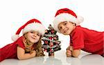 Happy kids with santa hats and small christmas tree - isolated