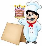 Chef holding cake with wooden table - color illustration.