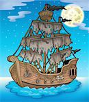 Mysterious ship with full Moon - color illustration.