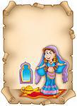 Old parchment with belly dancer - color illustration.