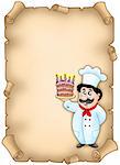 Parchment with chef holding cake - color illustration.
