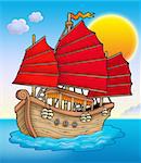 Traditional Chinese ship with sunset - color illustration.