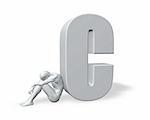 sitting man leans on uppercase letter C - 3d illustration