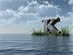 letter k monument in water landscape - 3d illustration