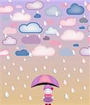 Cute girl under umbrella and rain. Vector Image