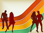 Retro Background with two couples silhouettes. Editable Vector