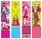 Valentine's Day banners with fashion girls, hearts, shopping bag, dog, lots of Valentine's decorations. With space for your text.