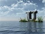 letter u monument in water landscape - 3d illustration