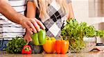 Cropped view of a young couple preparing vegetables on their kitchen counter. Horizontal shot.