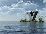 letter v monument in water landscape - 3d illustration