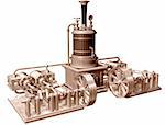 Original illustration of a four cylinder steam engine and boiler