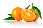 fresh tangerine fruits with cut and green leaves isolated on white background