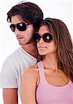 young couple looking right side view with sunglasses