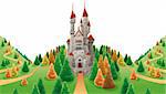 Medieval castle in the land. Cartoon and vector illustration