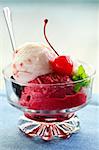 Dish of ice cream with cherry on top and spoon