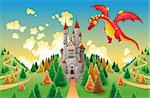 Panorama with medieval castle and dragon. Cartoon and vector illustration