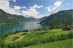 Looking over fields, farms and Lake Lucerne in Switzerland.