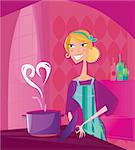 Woman is cooking sweet valentines food. Vector Illustration in retro style.