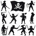 Silhouettes of pirates of members crew with jolly roger flag.