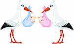 A cartoon vector illustration of two storks delivering a newborn babies