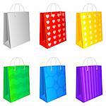 Set of 6 colored shopping bags, isolated on white background.