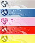 Vector Illustration of 5 Diamond or Crystal Heart Banners.
