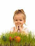 Little girl preparing for easter with dyed eggs and baby chicken in the fresh grass - isolated