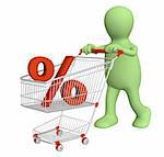 3d puppet with symbol of percentage in shopping cart