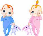 Adorable vector illustration of twins going to sleep