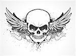 Vector illustration of double winged human skull with banner and grunge background