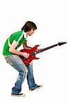 picture of a passionate guitarist playing an electric guitar over white