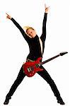 woman guitarist with hands in the air over white background