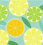 Citrus texture background with slices of lemon, lime and orange. Vector stylized background.