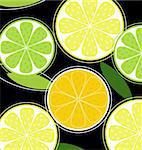 Lemon, lime and orange on black background. Stylized vector illustration isolated on black.