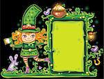 St. Patrick's Day frame with cute  Leprechaun,girl holding Irish flag with place for your text.